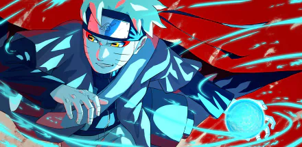 HD PC desktop wallpaper featuring Naruto Uzumaki from the anime Naruto, depicted in an intense action pose with glowing blue energy and dynamic red background.