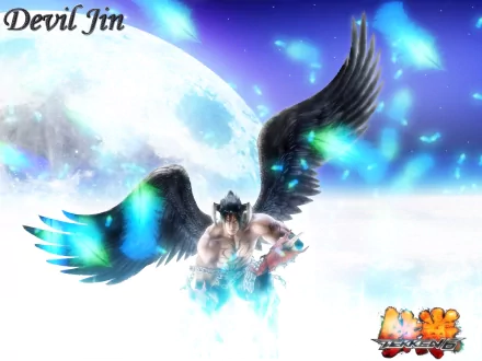 HD PC desktop wallpaper featuring a winged character from the Tekken 6 video game, set against a bright moonlit sky with glowing blue accents.