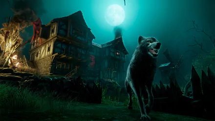HD wallpaper featuring a howling wolf under a full moon with a spooky house in the New World game setting.