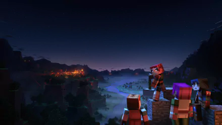 HD Minecraft: Dungeons wallpaper featuring characters overlooking a twilight landscape for desktop background.