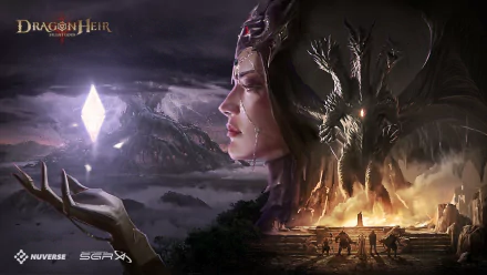 HD wallpaper featuring Dragonheir: Silent Gods with a mystical woman and dragon imagery for desktop background.