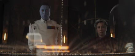 HD wallpaper featuring characters resembling Ahsoka and Grand Admiral Thrawn as a desktop background.