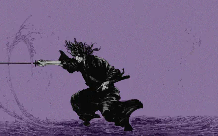 Miyamoto Musashi from Vagabond manga illustrated in action on a purple background for a dynamic HD desktop wallpaper.