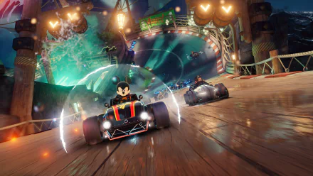 Mickey Mouse racing in Disney Speedstorm game, featuring dynamic HD desktop wallpaper with vibrant track background.