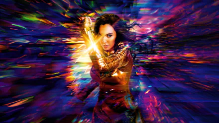 Wonder Woman in golden armor with glowing bracers, set against a vibrant, colorful background from the movie Wonder Woman 1984, displayed as a 4K Ultra HD PC desktop wallpaper.
