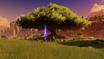 4K Ultra HD PC desktop wallpaper featuring a scenic landscape from the video game Genshin Impact, with a large tree and glowing blue light at sunset.