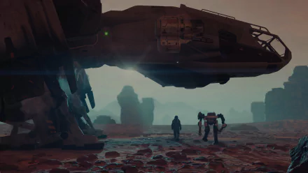 HD desktop wallpaper featuring a spaceship and astronauts exploring a rocky alien landscape under a starfield.