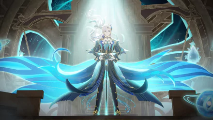Genshin Impact character Neuvillette in a dynamic HD wallpaper featuring ethereal blue energy waves and an ornate architectural background.