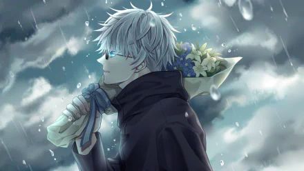 HD desktop wallpaper featuring Satoru Gojo from Jujutsu Kaisen with a bouquet under the rain.