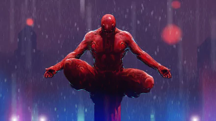 A vibrant HD wallpaper featuring Daredevil, depicted in a dynamic pose, levitating amidst a rain-soaked urban backdrop illuminated by colorful lights.