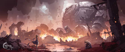 Lumine and Aether from Genshin Impact stand amid a fiery, devastated landscape with a massive mechanical ruin in the background, captured in 4K Ultra HD.