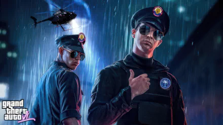 HD desktop wallpaper for Grand Theft Auto VI featuring two police officers in the rain, with a helicopter in the background.