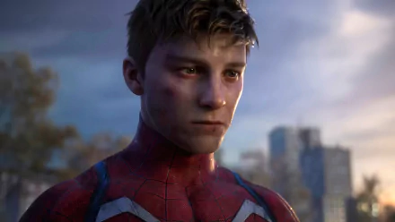 HD wallpaper featuring a close-up of Spider-Man from Marvel's Spider-Man 2 game, with a thoughtful expression and a cityscape in the background.