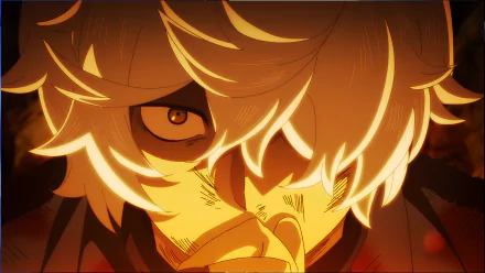Close-up 8K Ultra HD anime wallpaper of Gabimaru from Hell's Paradise, featuring intense eyes and dramatic lighting in a dark, fiery background.