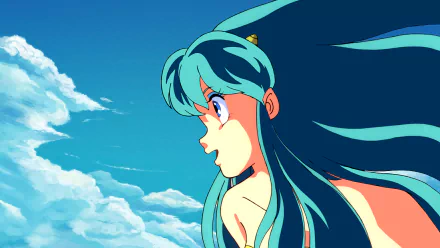 4K Ultra HD anime wallpaper depicting Lum from Urusei Yatsura with flowing teal hair against a bright blue sky with clouds.