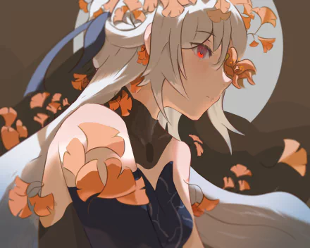 HD desktop wallpaper featuring Jingliu from Honkai: Star Rail, surrounded by autumn leaves.