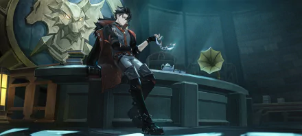 HD desktop wallpaper featuring Wriothesley from the video game Genshin Impact, showcasing him in a seated and relaxed pose within a dimly lit room with intricate decor.