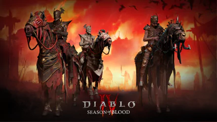 HD desktop wallpaper for Diablo IV, featuring ominous armored figures on horseback with a fiery, apocalyptic background, titled Season of Blood.