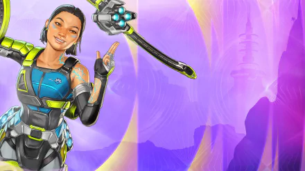 Conduit (Apex Legends) in futuristic armor holds a hovering energy device against a purple abstract landscape, 4K Ultra HD PC desktop wallpaper, video game artwork.
