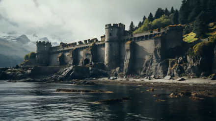 HD desktop wallpaper featuring an ancient fortress ruin on a rugged coastline with forest-covered hills and a serene sea in the foreground.
