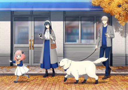 HD desktop wallpaper of Spy x Family featuring characters Anya, Yor, and Loid Forger, along with Bond the dog, walking on a leaf-covered path during autumn.