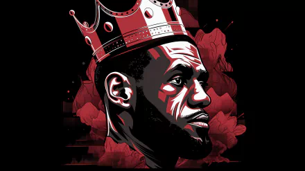 HD desktop wallpaper featuring a stylized illustration of LeBron James wearing a crown, set against a dramatic red and black background.