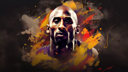 HD desktop wallpaper featuring an artistic rendition of a basketball player with a dynamic orange and yellow background.