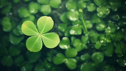 A vibrant high-definition wallpaper featuring lush green clovers, with a prominent four-leaf clover highlighted amidst a sea of smaller leaves and droplets of water.
