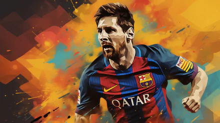 HD desktop wallpaper featuring an artistic rendition of Lionel Messi in a FC Barcelona jersey, set against a vibrant, abstract background.
