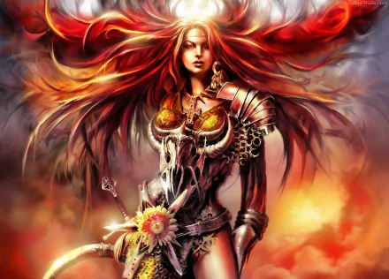 A fierce woman warrior stands confidently in a fantastical setting, adorned in intricate armor with fiery red hair and a dramatic background, creating a striking HD desktop wallpaper.