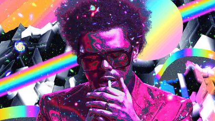 HD desktop wallpaper featuring a vibrant collage with The Weeknd amidst colorful abstract shapes and rays.