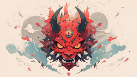HD desktop wallpaper featuring an artistic illustration of an original Oni mask with vibrant red and black hues, embodying traditional Japanese folklore, surrounded by mystical smoke.