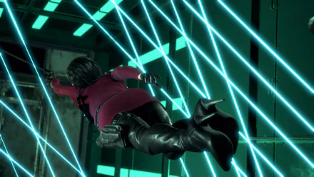 4K Ultra HD PC wallpaper from Resident Evil 4 (2023) Separate Ways remake, featuring dynamic action with a character navigating bright blue laser beams.