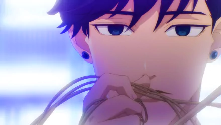 Keiya Utou anime 8K desktop wallpaper — close-up of a pensive girl biting straw, cool blue backlight, her guard dog visible protectively at the edge of the frame.