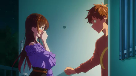 Anime scene featuring Chizuru Ichinose and Kazuya Kinoshita in a softly lit room, captured in stunning 8K Ultra HD as a PC desktop wallpaper.