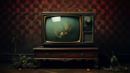 Vintage television on wooden stand with floral wallpaper background, retro-themed HD desktop wallpaper.