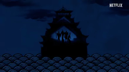 Silhouette of samurai warriors in a traditional Japanese pagoda under a moonlit sky, Blue Eye Samurai HD desktop wallpaper and background.
