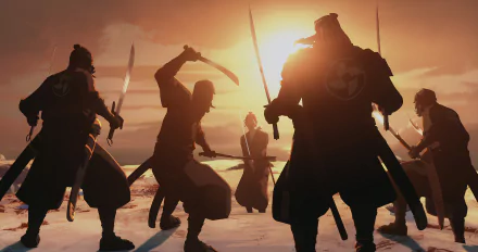 Silhouettes of samurai warriors engaged in battle at sunset, featuring a prominent figure with a blue eye emblem, as an HD desktop wallpaper and background.