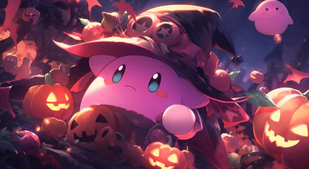 HD desktop wallpaper featuring Kirby in a witch hat surrounded by Halloween pumpkins and decorations.