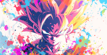 HD desktop wallpaper of Goku in Super Saiyan form from Dragon Ball Z, featuring vibrant, colorful paint splatter background.