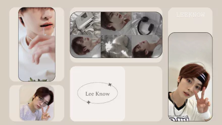 HD PC desktop wallpaper featuring multiple images of Stray Kids member Lee Know with a beige background and a minimalist design.