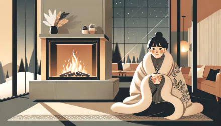 HD desktop wallpaper featuring a cozy scene with a person sitting by a fireplace, wrapped in a blanket, in a warmly decorated room with a view of snowy mountains through large windows.
