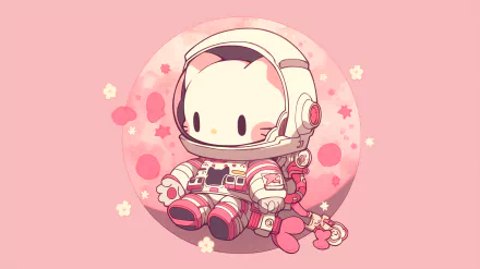 HD desktop wallpaper featuring Hello Kitty as an astronaut, set against a pink floral background, designed by Sanrio.