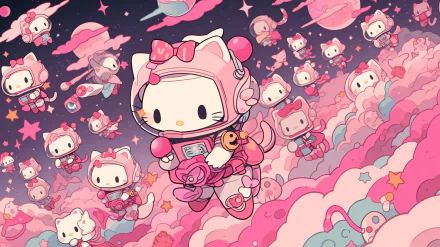 HD desktop wallpaper of Hello Kitty and friends in a whimsical, space-themed adventure, featuring a vibrant pastel galaxy background.