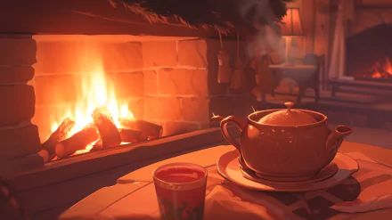 HD wallpaper of a cozy fireplace scene with a teapot and cup, exuding warmth and comfort.