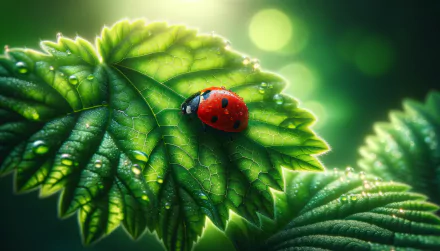A vibrant ladybug rests on a dewy green leaf, capturing the beauty of nature in this stunning HD desktop wallpaper.