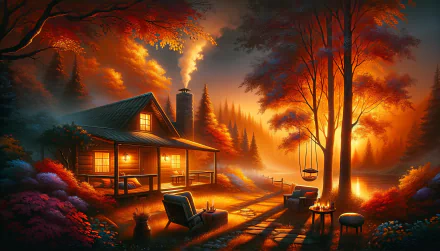 Enchanting autumn scenery HD wallpaper featuring a cozy cottage with lit windows amidst vibrant fall foliage and a warm sunset glow.
