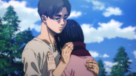HD wallpaper of Eren Yeager and Mikasa Ackerman from Attack on Titan, featuring a tender embrace with a serene, natural background.