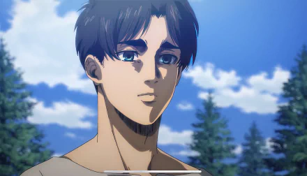 HD desktop wallpaper of Eren Yeager from Attack on Titan, featuring a close-up portrait with a serene, forested background.