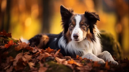 HD desktop wallpaper featuring a border collie lying amidst autumn leaves.